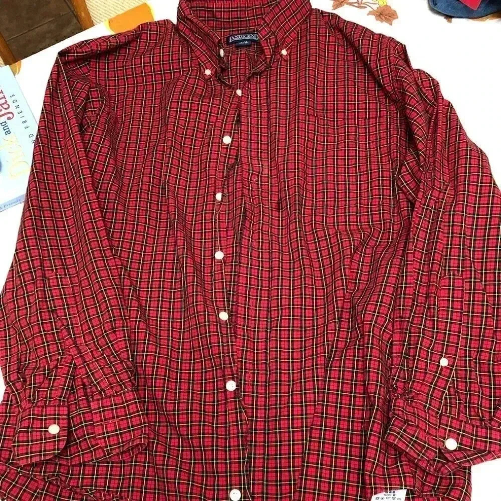Lands' End Red Black Plaid Button Down
